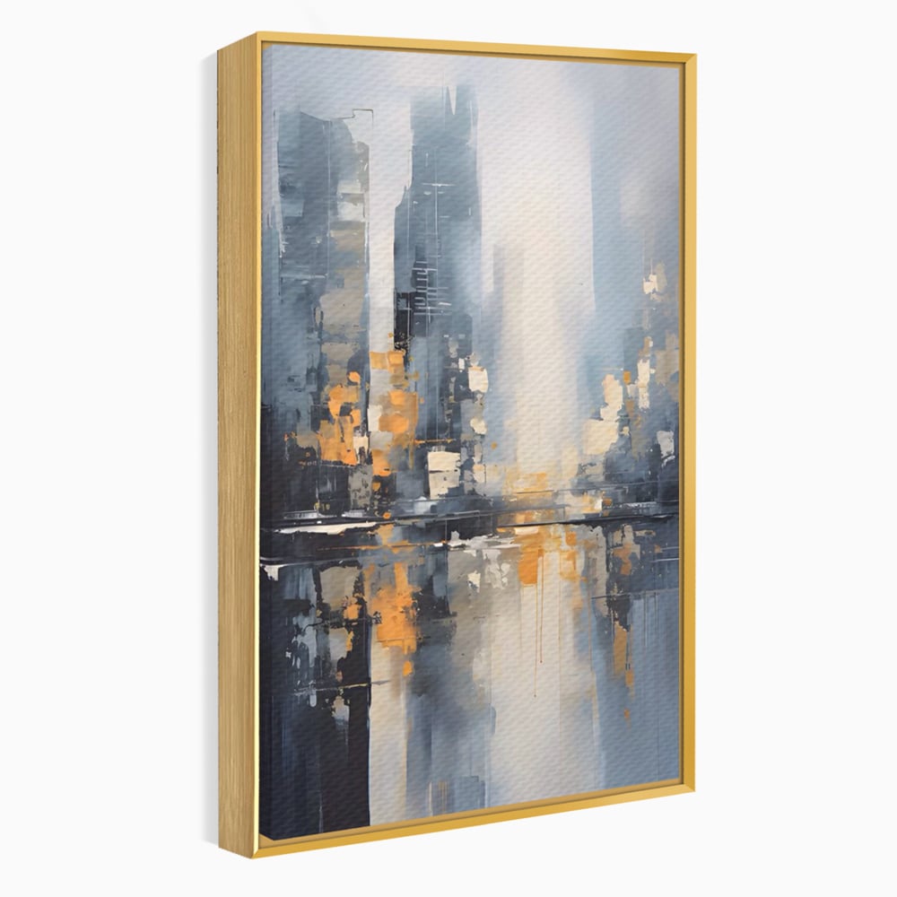 Tablou canvas cu pictura abstracta cu cladiri si reflexii, in rama de aluminiu auriu
